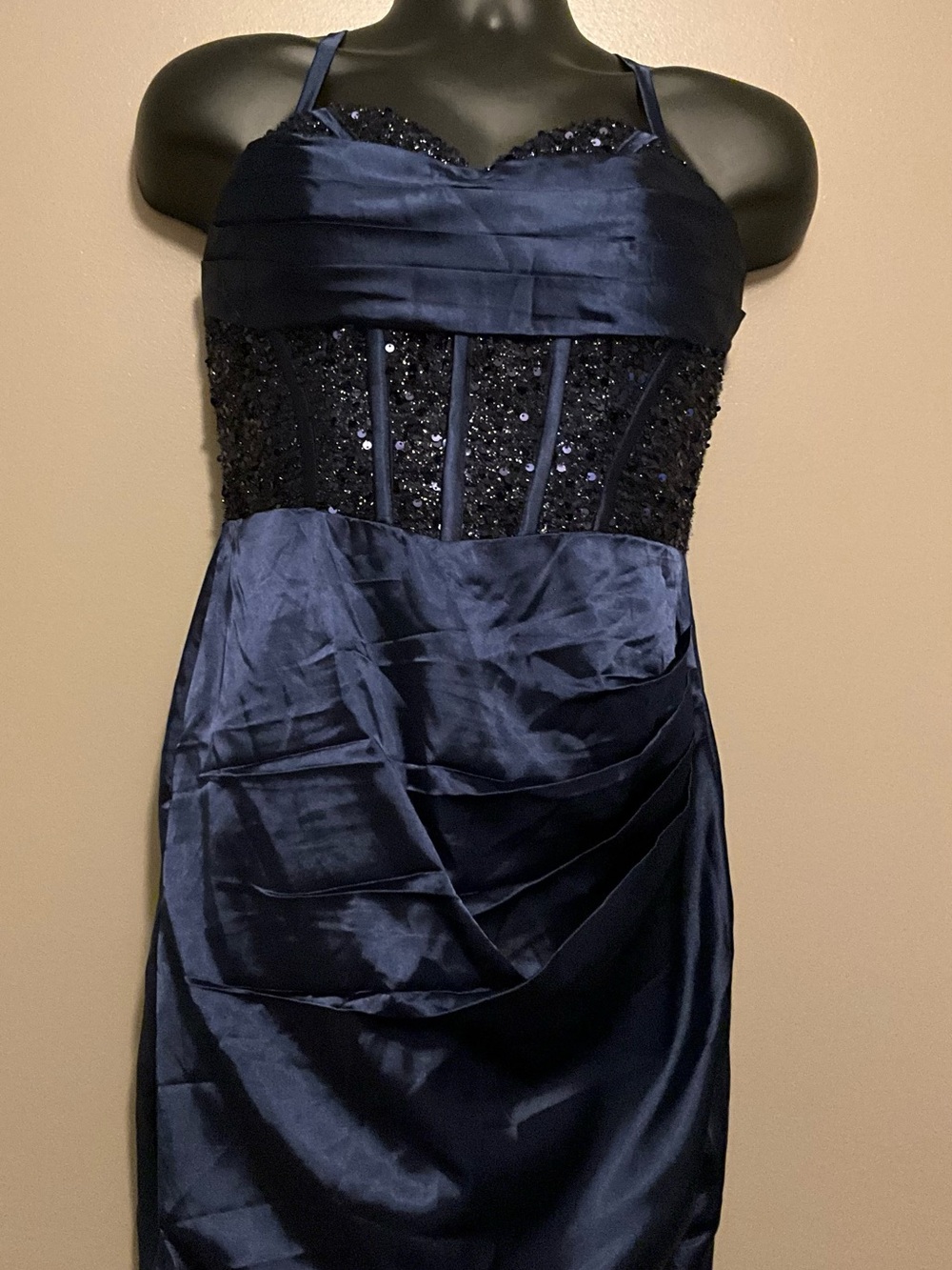 Navy Sequin Bodice Spaghetti Strap Prom Dress
